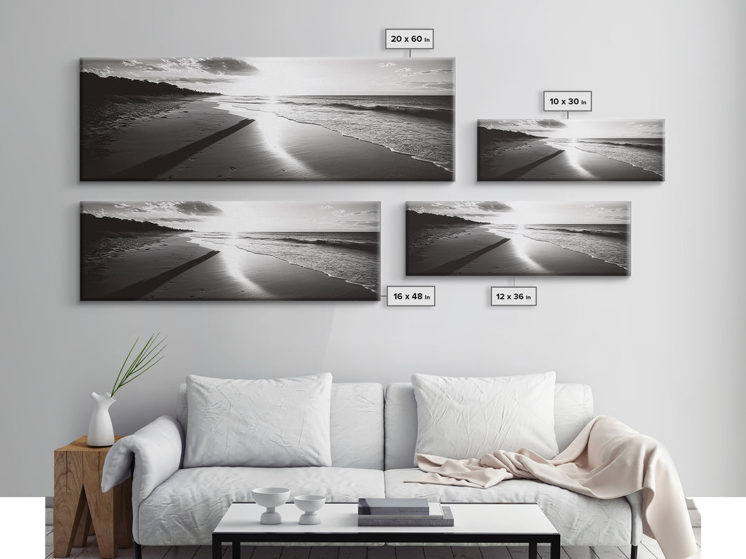 Beach Horizon, Sunset Shoreline, Ocean Reflections, Framed Canvas Print, black and white coastal art, modern bedroom wall decor