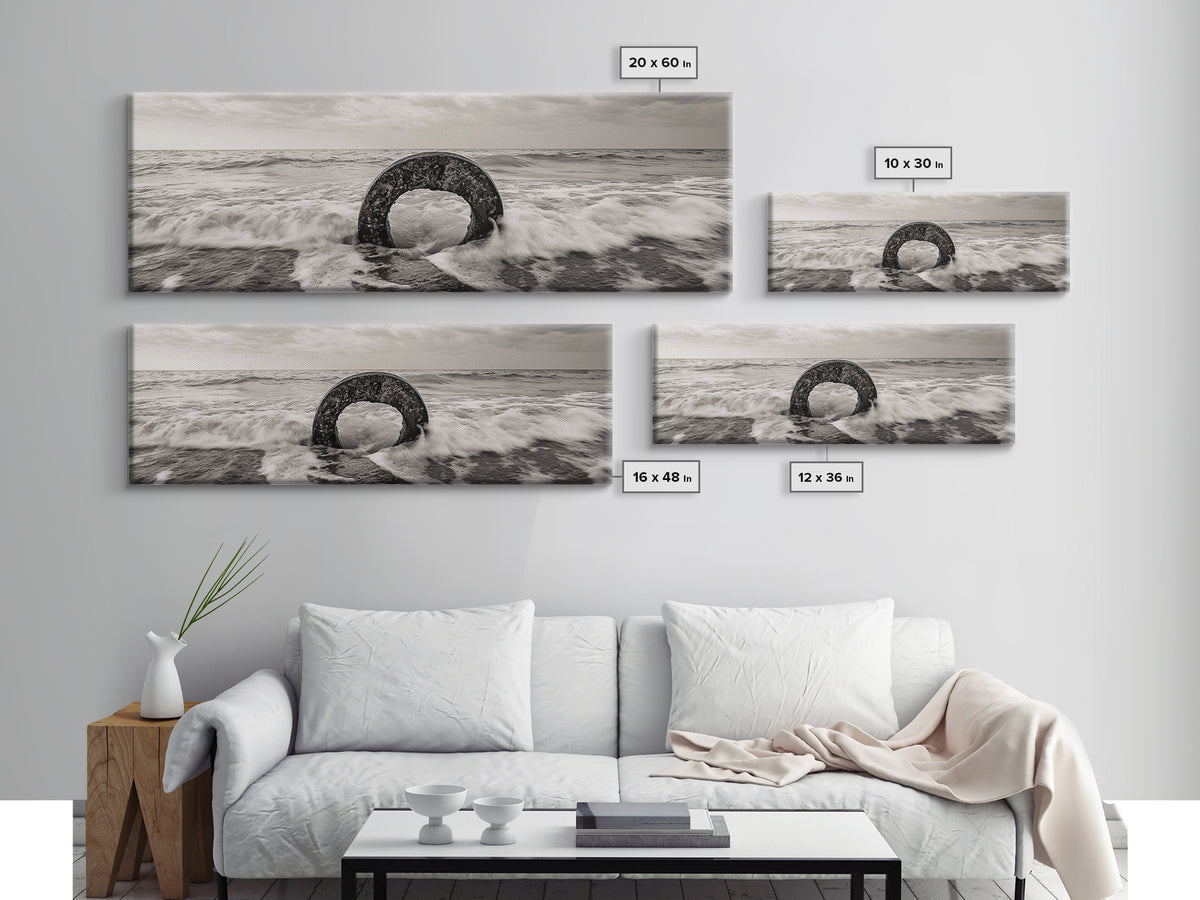 Ocean Ring, Waves Crashing, Sea Sculpture, Framed Canvas Print, unique beach photography, industrial coastal wall art, modern bathroom decor