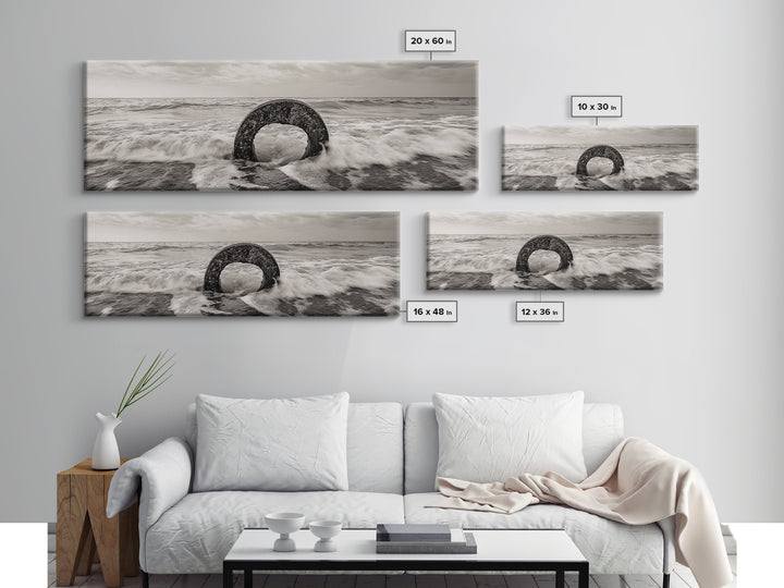 Ocean Ring, Waves Crashing, Sea Sculpture, Framed Canvas Print, unique beach photography, industrial coastal wall art, modern bathroom decor