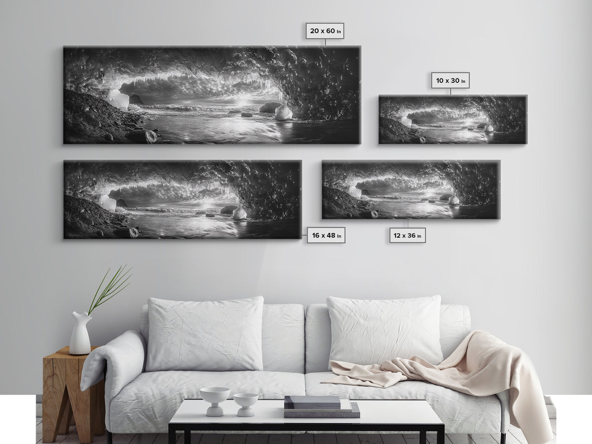 Ice Cave, Winter Seascape, Arctic Sunset, Canvas Print, dramatic frozen landscape art, black and white Christmas decor, cozy winter home art