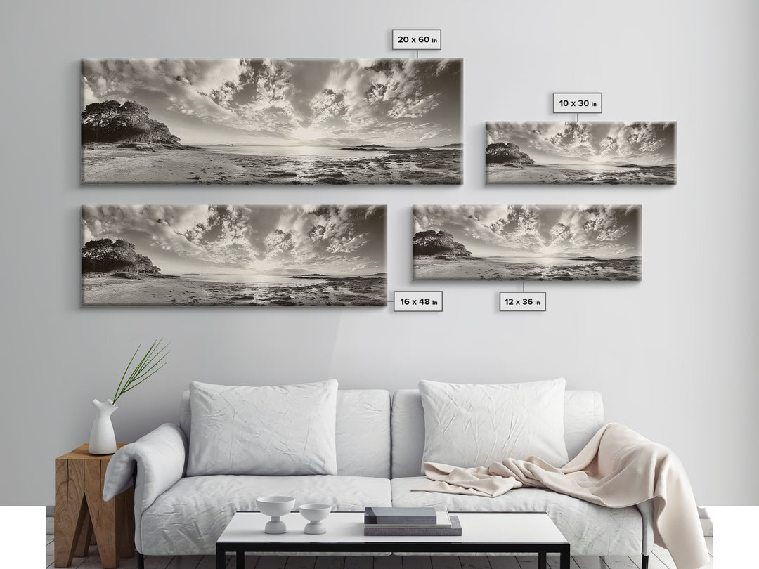 Coastal Sunrise, Expansive Sky, Cloudy Horizon, Framed Canvas Print, Earthy tone art, Beach house decor, Bedroom wall print, Serene landscape