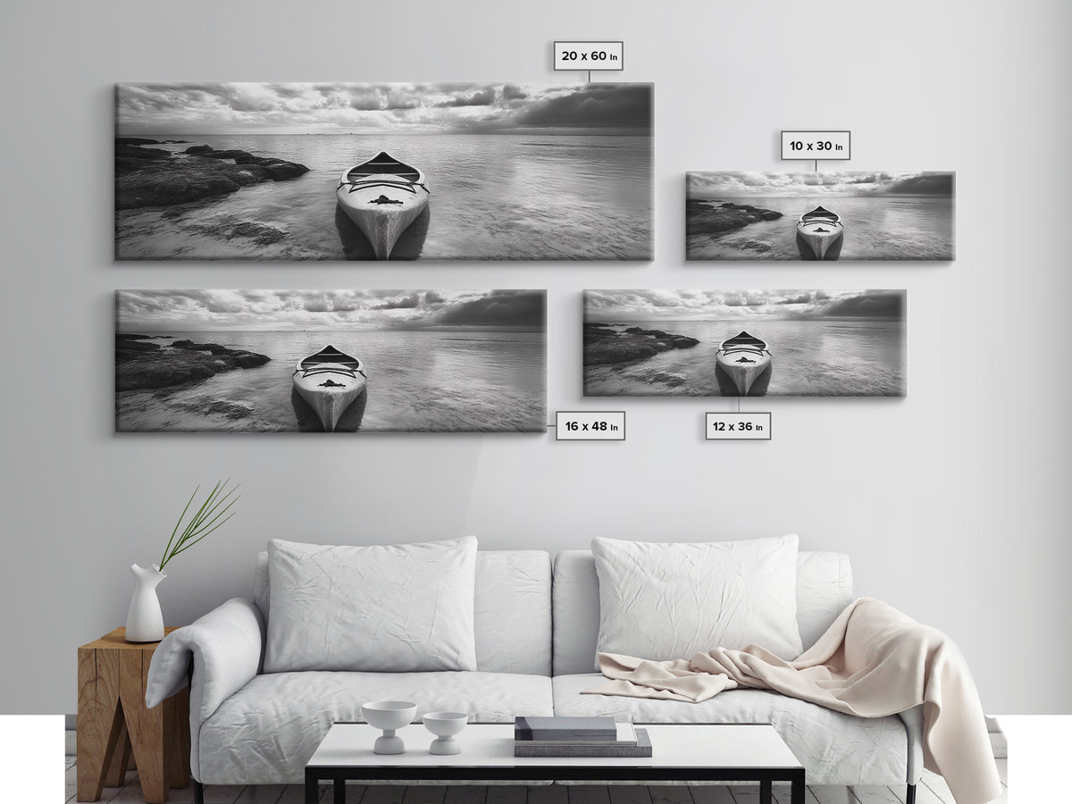 Canoe at Shore, Calm Waters, Peaceful Escape, Framed Canvas Print, Adventure art, Lakehouse decor, Hallway wall piece, Monochrome nature