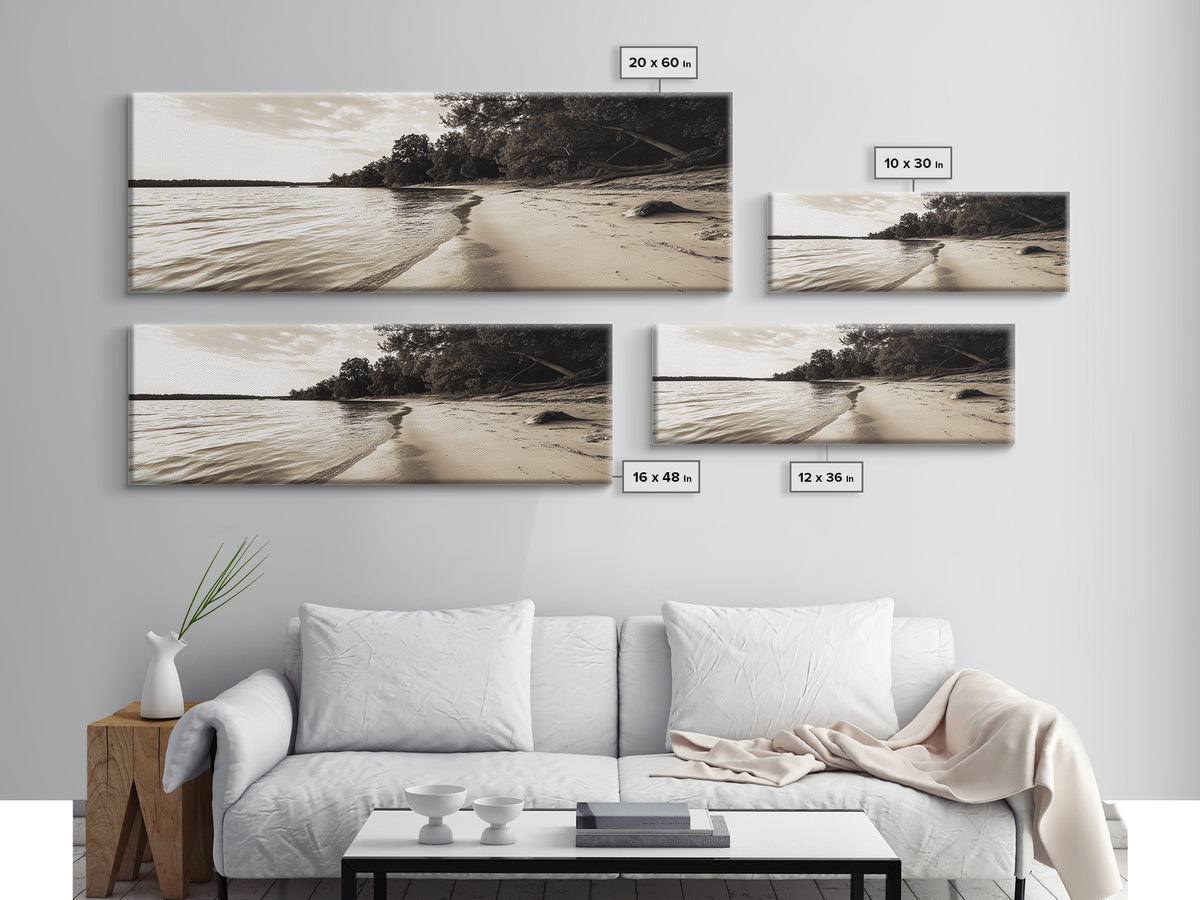 Sandy Beach, Serene Coastline, Nature Shoreline, Framed Canvas Print, Neutral Minimal Art, Bedroom Wall Art, Sepia Landscape Decor