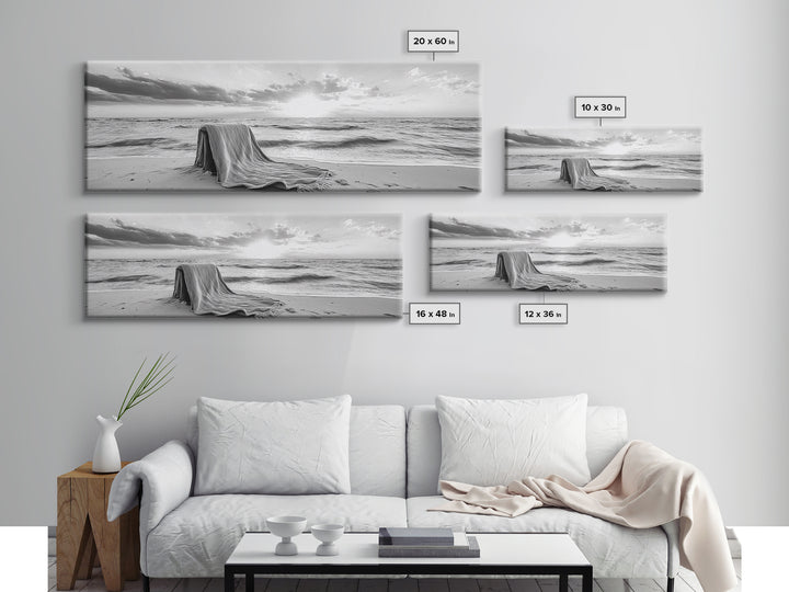 Blanket Beach, Woven Texture, Ocean Sunset, Tranquil Shore, Framed Canvas Print, Boho Wall Art, Bedroom Decor, Soft Coastal Photography Style