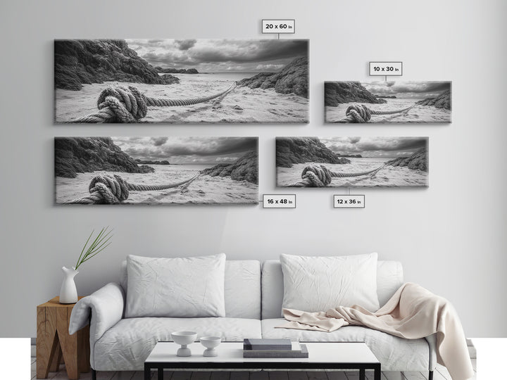 Nautical Rope Shore, Moody Ocean Rocks, Coastal Minimalist, Framed Canvas Print, Entryway Wall Art, Rustic Nautical Decor, Lakehouse Wall Art