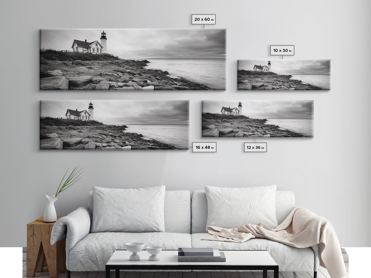 Classic Lighthouse Shore, Rocky Coastline Fog, Seaside Charm, Framed Canvas Print, Office Wall Art, New England Coastal Decor