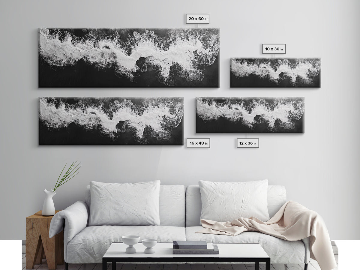 Ocean Wave, Aerial Surf, Coastal Abstract, Monochrome Motion, Framed Canvas Print, Modern Bathroom Art, Minimalist Art, Black and White Decor
