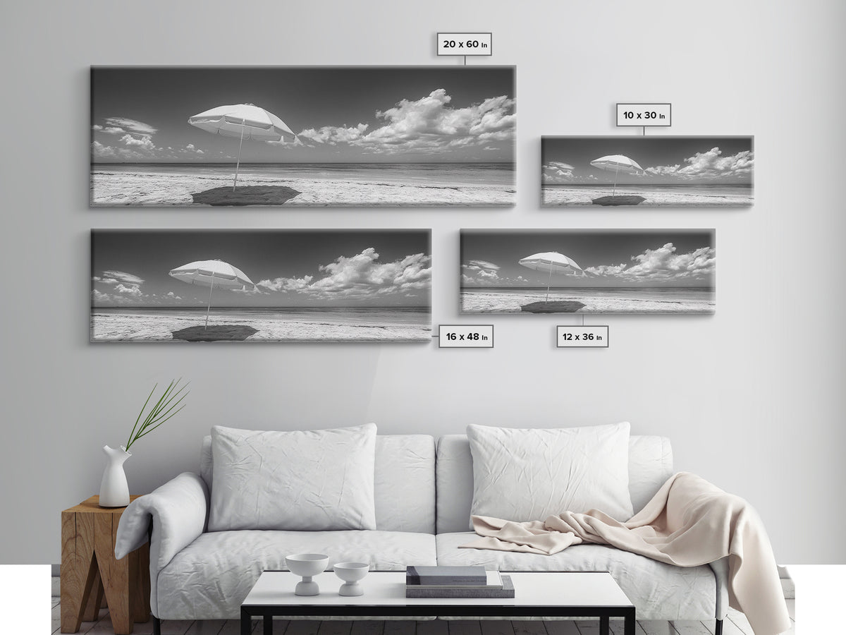 Beach Umbrella, Sunny Sky, Ocean Escape, Seaside Shade, Framed Canvas Print, Summer Wall Art, Bathroom Decor, Minimalist Coastal Style