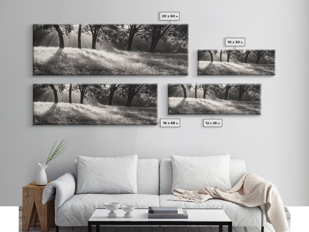 Sunrays Meadow, Tree Light, Golden Hour, Framed Canvas Print, Fall Living Room Art, Rustic Nature Decor, Warm Toned Landscape