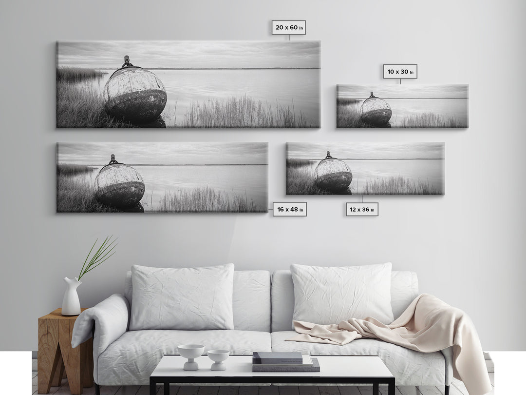 Coastal Buoy, Still Waters, Nautical Calm, Framed Canvas Print, Lakeside Bathroom Art, Maritime Style, Rustic Ocean Decor