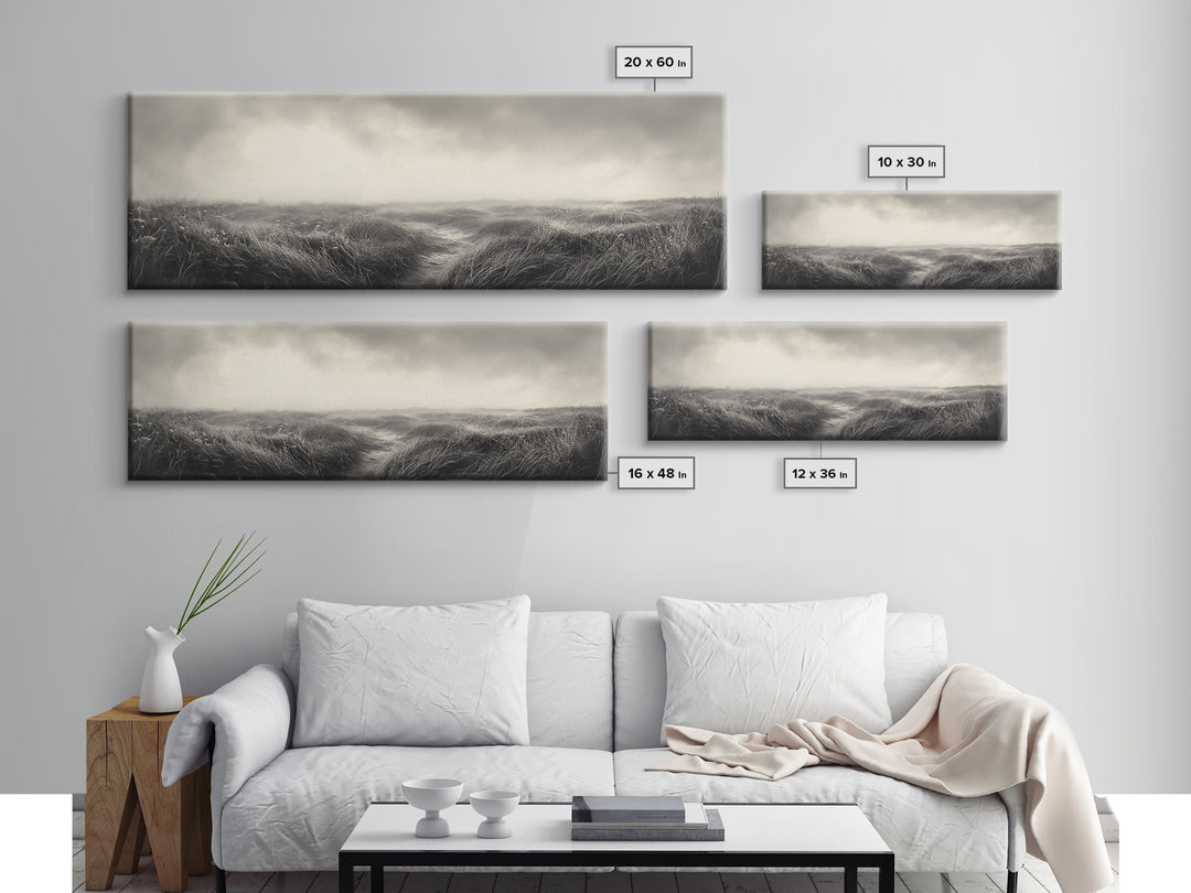 Foggy Path, Coastal Field, Silent Morning, Canvas Print, Neutral Bedroom Art, Scandinavian Style, Minimal Fall Wall Decor