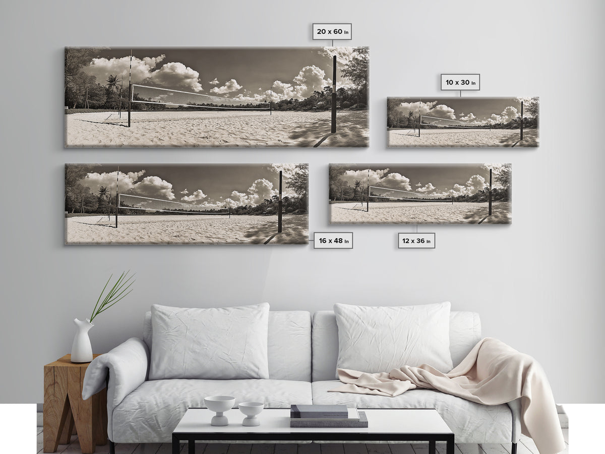 Beach Volleyball, Sand Court, Summer Fun, Tropical Clouds, Framed Canvas Print, Sports Room Wall Art, Coastal Decor, Sepia Beach Art