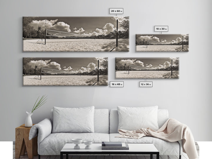 Beach Volleyball, Sand Court, Summer Fun, Tropical Clouds, Framed Canvas Print, Sports Room Wall Art, Coastal Decor, Sepia Beach Art
