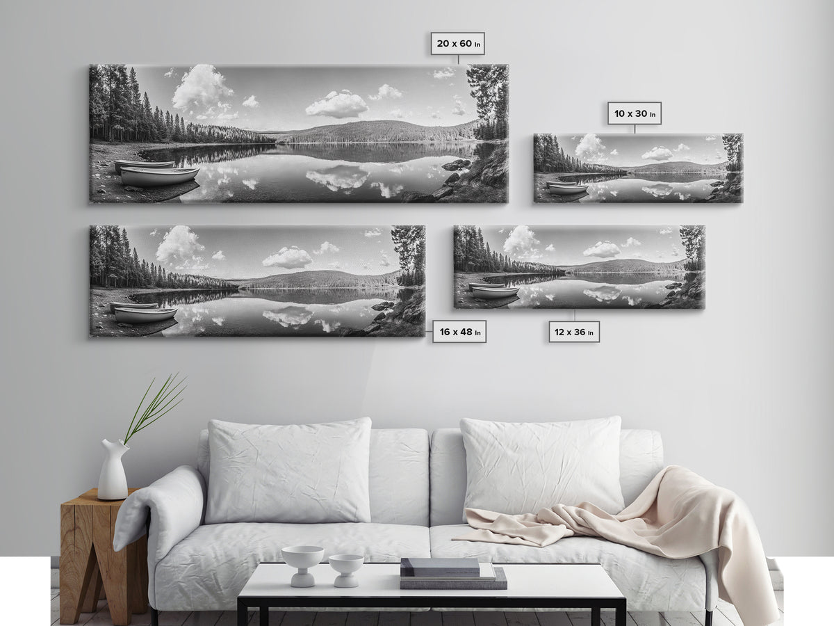 Canoe Lake, Still Water, Pine Forest, Outdoor Serenity, Canvas Print, Nature Wall Art, Rustic Cabin Decor, Peaceful Landscape, Neutral Tones