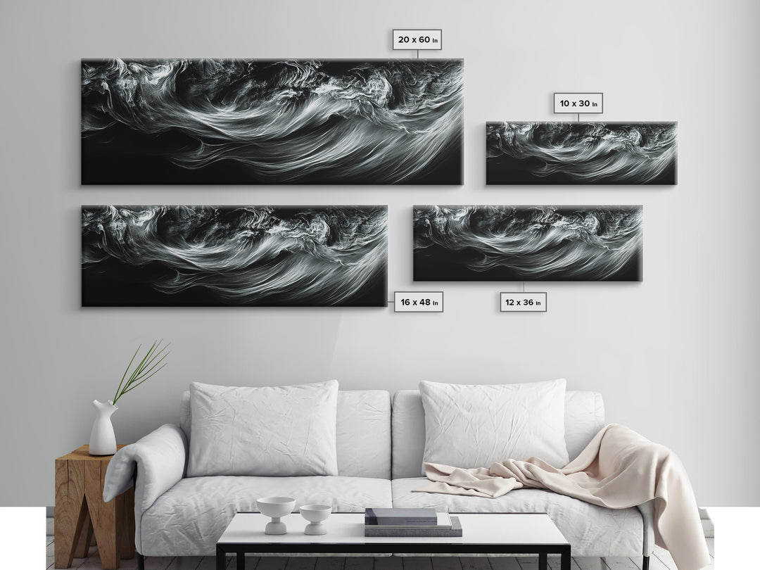 Abstract Ocean Waves, Motion Energy Art, Black and White Fluid Lines, Framed Canvas Print, Modern Wall Art, Minimalist Living Room