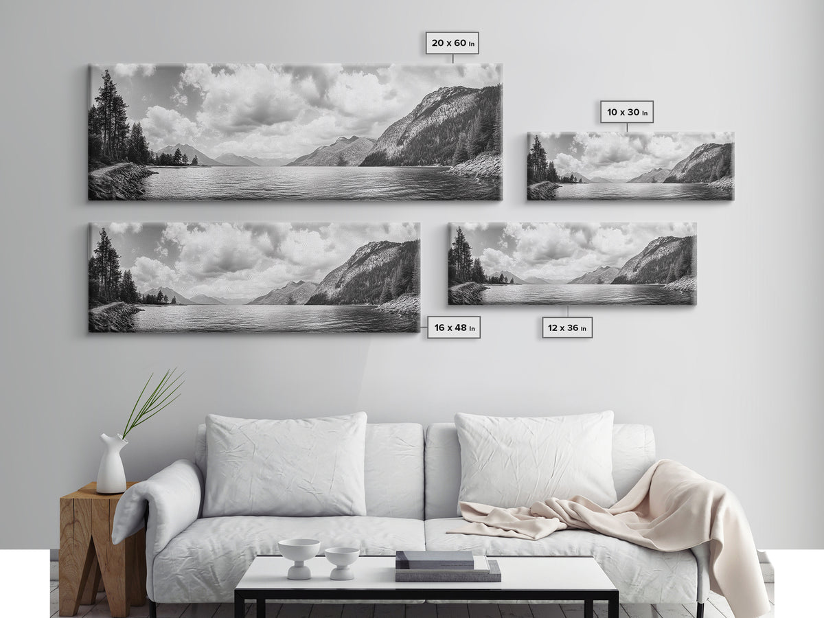 Mountain Lake, Forest Panorama, Serene Wilderness, Framed Canvas Print, Nature Lover Wall Art, Rustic Lodge Decor, Neutral Palette