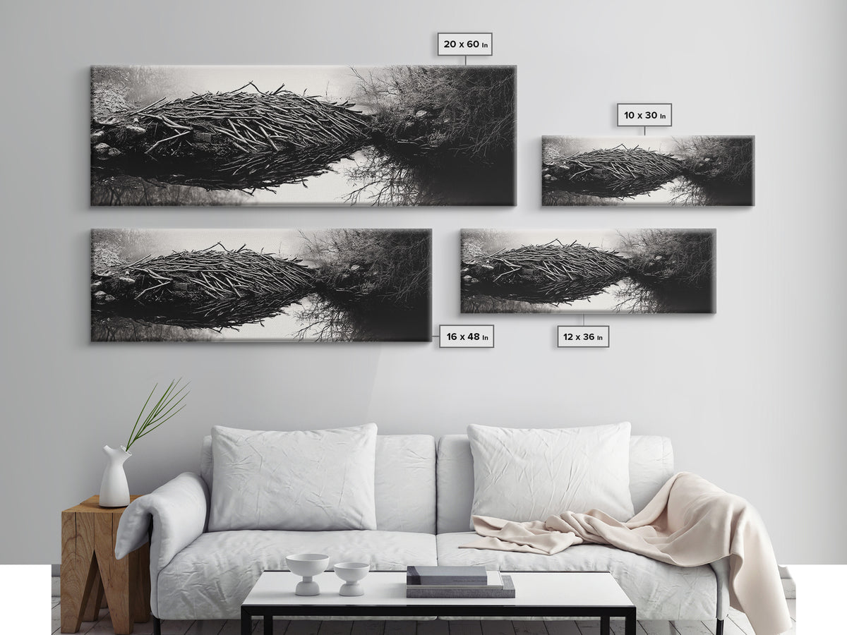 Beaver Dam, Nature Structure, Quiet Creek, Reflection Art, Framed Canvas Print, Cabin Wall Art, Rustic Decor, Woodland Black and White Art