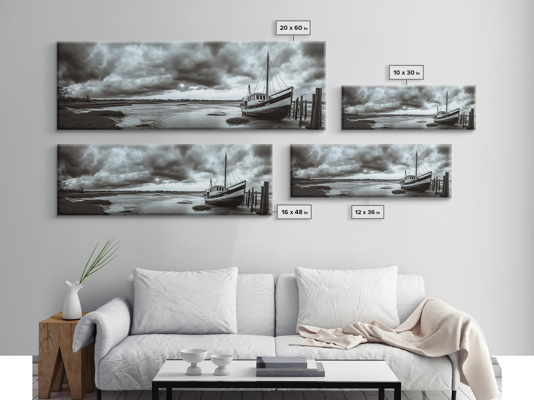 Abandoned Fishing Boat, Coastal Storm Scene, Rustic Nautical Decor, Framed Canvas Print, Beach House Art, Autumn Decor, Moody Wall Print