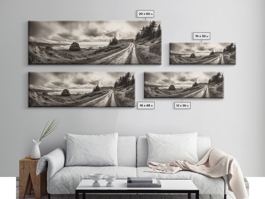 Coastal Road Journey, Overcast Ocean View, Scenic Drive Art, Framed Canvas Print, Fall Landscape Wall Art, Nature Lover, Living Room Decor