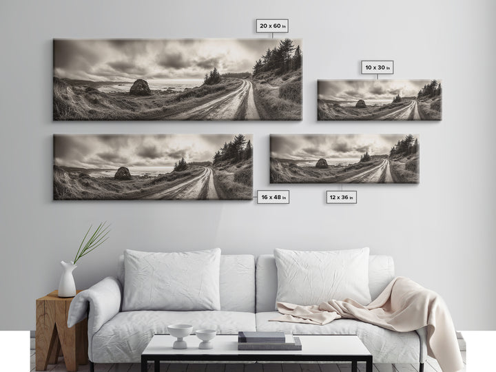 Coastal Road Journey, Overcast Ocean View, Scenic Drive Art, Framed Canvas Print, Fall Landscape Wall Art, Nature Lover, Living Room Decor