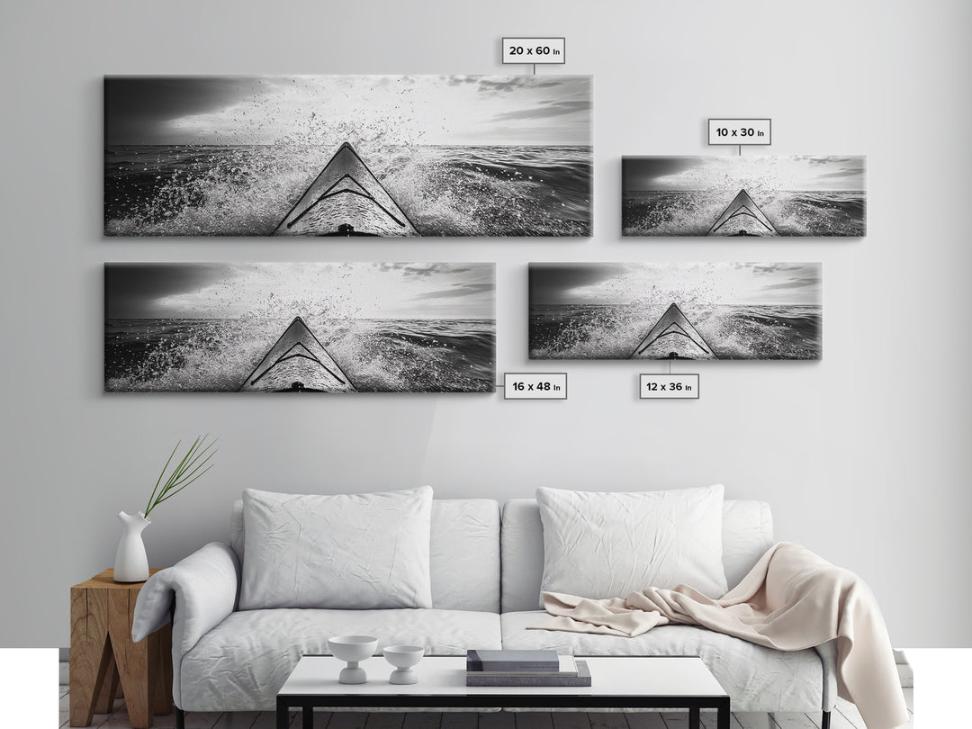 Ocean Kayak Splash, Adventure Wall Art, Ocean Motion, Black And White Canvas Print, Modern Decor, Nautical Style, Sports Lover Gift