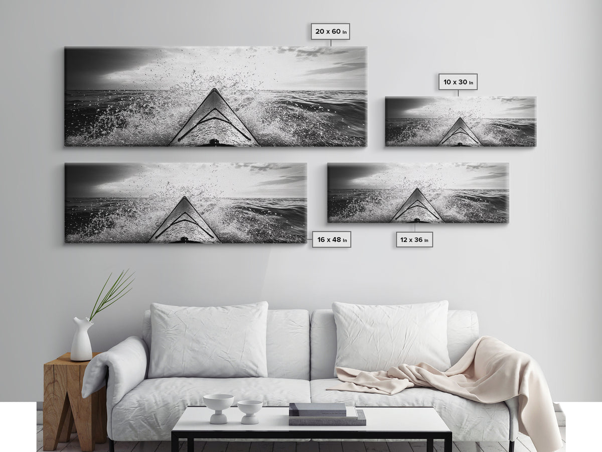 Ocean Kayak Splash, Adventure Wall Art, Ocean Motion, Black And White Canvas Print, Modern Decor, Nautical Style, Sports Lover Gift