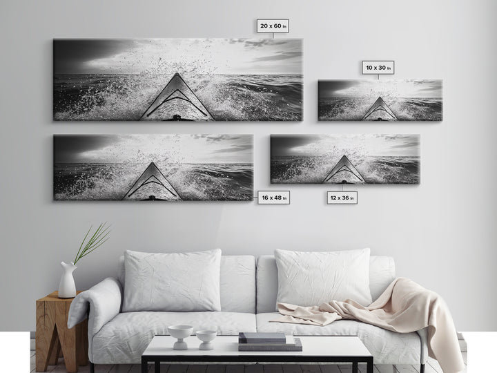 Ocean Kayak Splash, Adventure Wall Art, Ocean Motion, Black And White Canvas Print, Modern Decor, Nautical Style, Sports Lover Gift