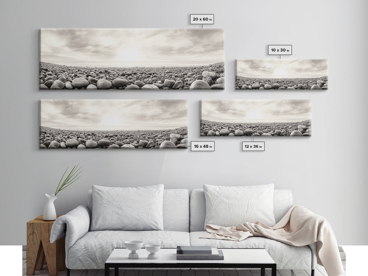 Pebble Shoreline, Soft Horizon, Beach Sunrise, Calm Coastal Decor, Framed Canvas Print, Neutral Tones, Bedroom Wall Art, Nature Minimalism