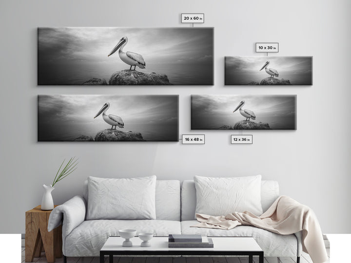 Coastal Pelican, Ocean Rock, Tranquil Wildlife Scene, Framed Canvas Print, Beach House Wall Art, Seaside Nature Decor, Moody Tones