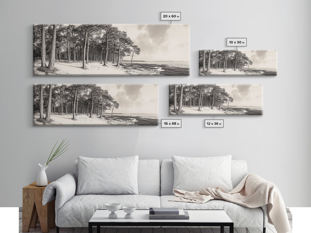 Pine Forest Coast, Tranquil Wilderness, Shoreline Trees, Earthy Coastal Scene, Framed Canvas Print, Rustic Wall Art, Autumn Cabin Decor