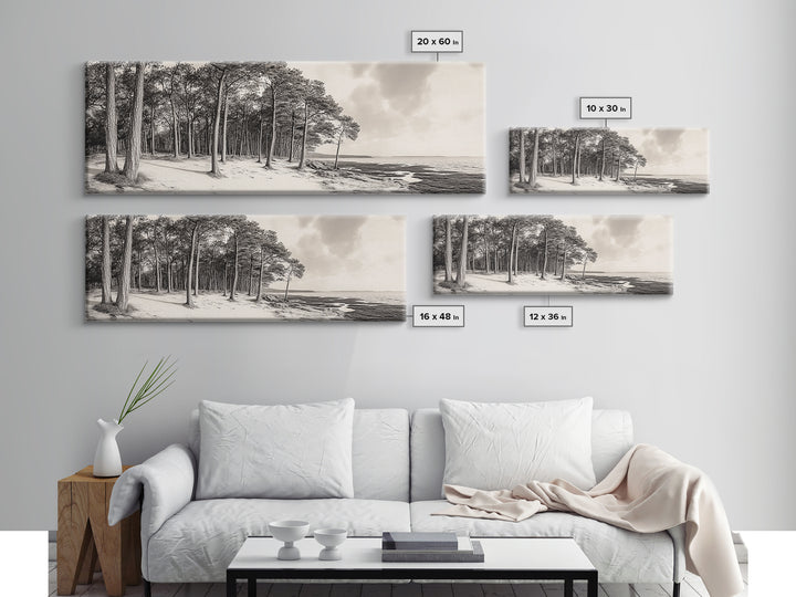 Pine Forest Coast, Tranquil Wilderness, Shoreline Trees, Earthy Coastal Scene, Framed Canvas Print, Rustic Wall Art, Autumn Cabin Decor