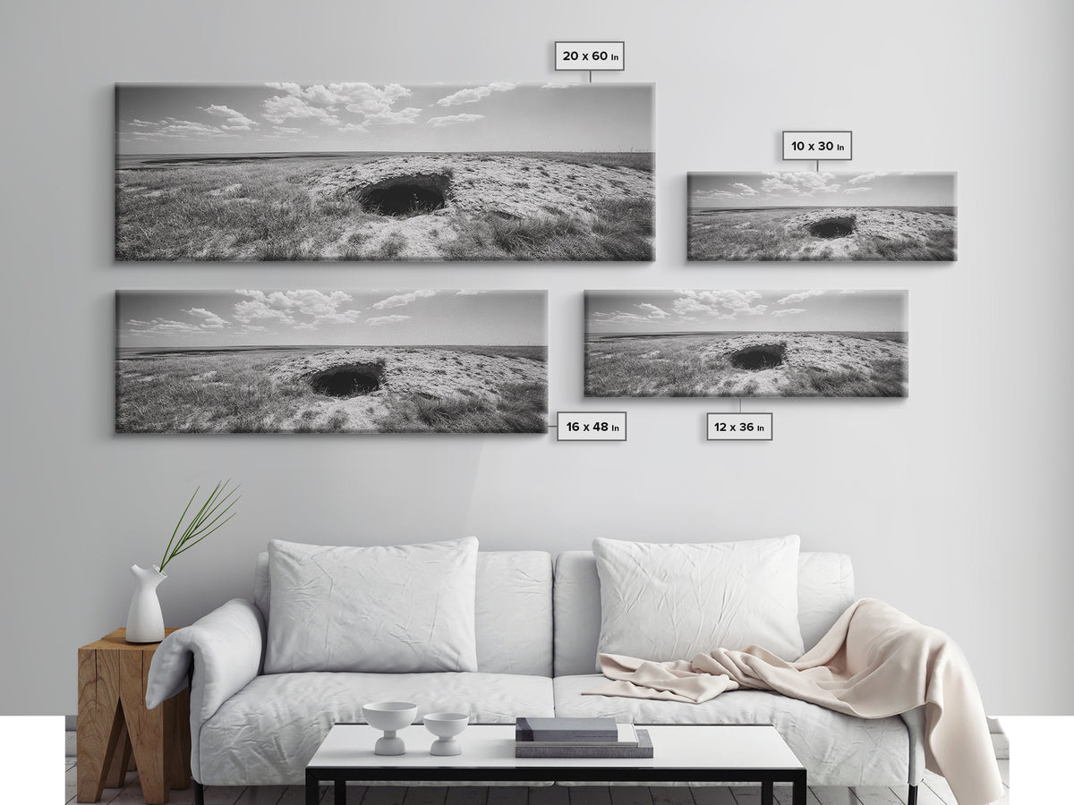 Prairie Cave, Windy Plains, Nature Escape, Canvas Print, Rustic Wall Art, Earthy Decor, Bedroom Accent, Black and White Landscape