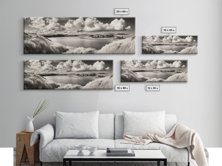 Misty Lake, Peaceful Shore, Cloud Reflections, Canvas Print, Black and White Nature Art, Coastal Landscape, Bedroom Wall Art, Minimalist Decor