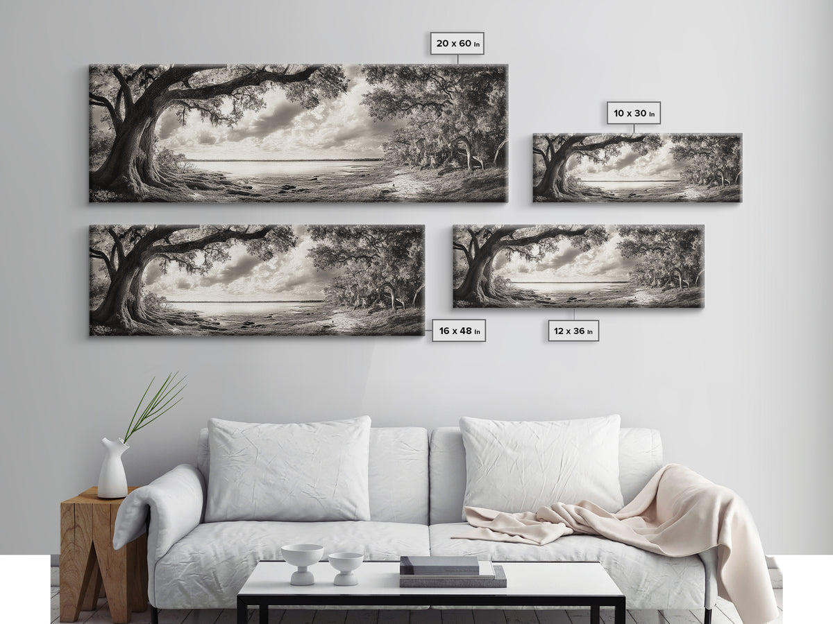 Ancient Tree, Spanish Moss, Forest Path, Framed Canvas Print, Rustic Nature Art, Living Room Wall Art, Earthy Tones, Woodland Photography