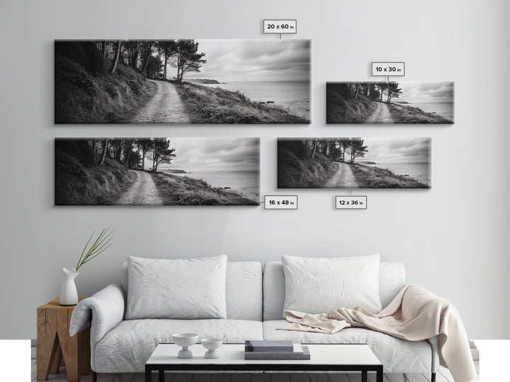 Coastal Trail, Forest Edge, Serene Path, Canvas Print, Black and White Nature Art, Entryway Wall Art, Tranquil Landscape, Moody Decor