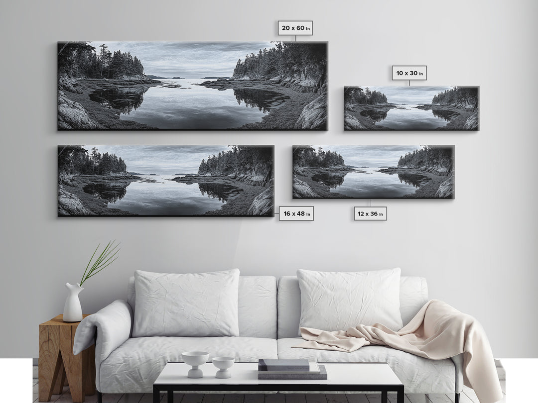 Forest Inlet, Calm Waters, Rocky Shore, Framed Canvas Print, Pacific Northwest Wall Art, Neutral Decor, Nature Photography, Rustic Vibes