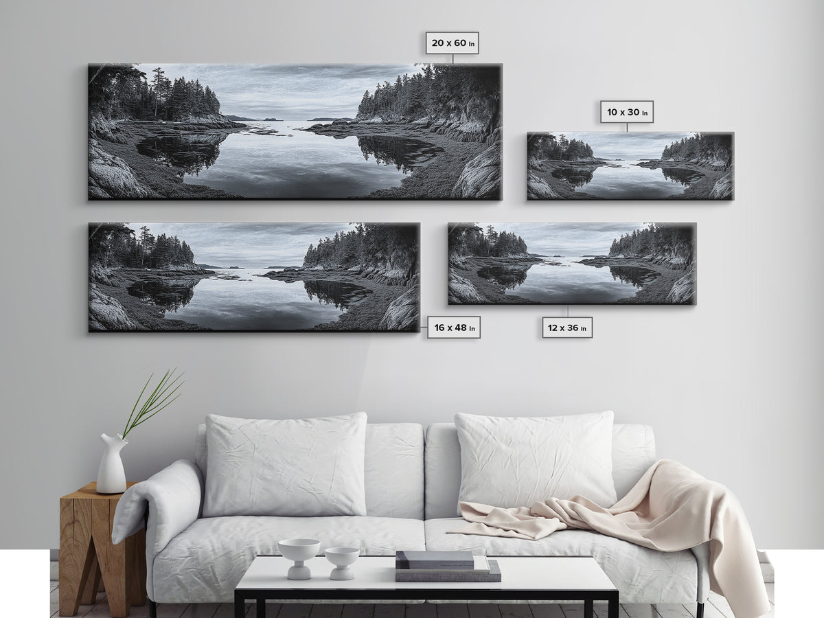 Forest Inlet, Calm Waters, Rocky Shore, Framed Canvas Print, Pacific Northwest Wall Art, Neutral Decor, Nature Photography, Rustic Vibes