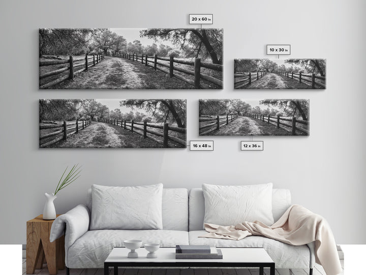 Tree Tunnel, Country Path, Fence Shadows, Framed Canvas Print, Black and White Nature Art, Rustic Wall Art, Autumn Entryway Decor