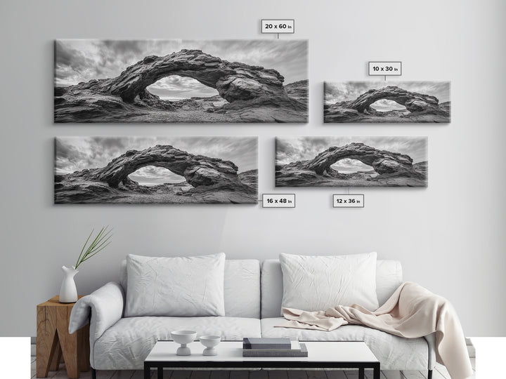 Rock Arch Landscape, Desert Formations, Dramatic Sky, Framed Canvas Print, Living Room Wall Art, Nature Inspired Decor, Monochrome Vibe