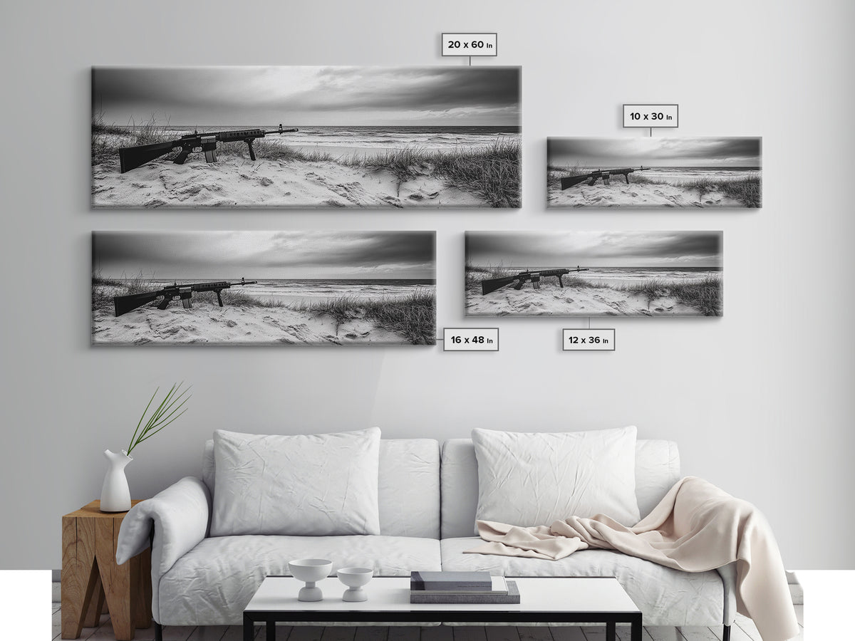 Rifle Seaside Scene, Tactical Still Life, Stormy Beach Mood, Canvas Print, Industrial Wall Art, Dramatic Photography, Masculine Decor