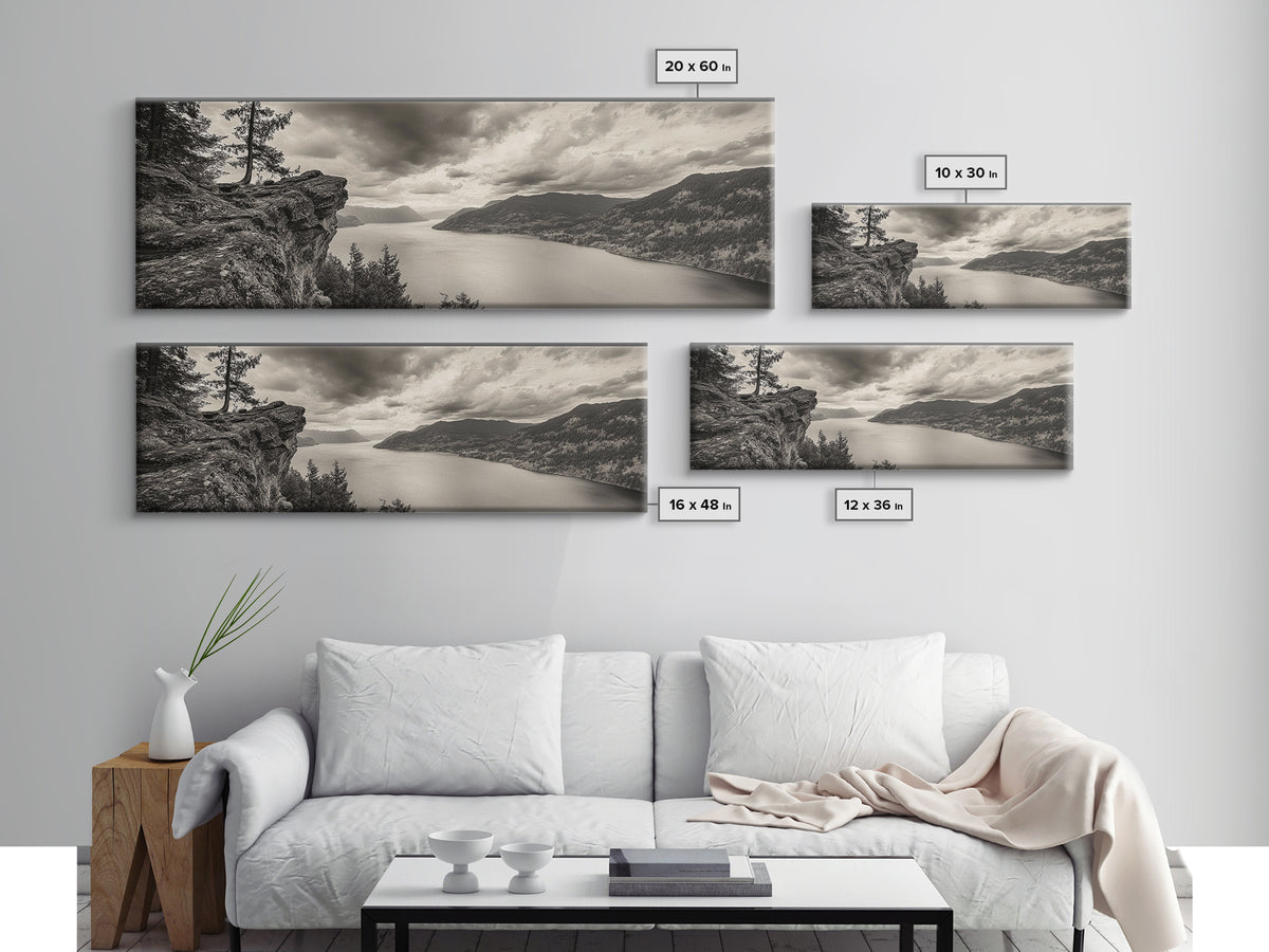 River Cliff View, Forested Mountains, Timeless Horizon, Framed Canvas Print, Living Room Wall Art, Cabin Rustic Decor, Moody Nature Art