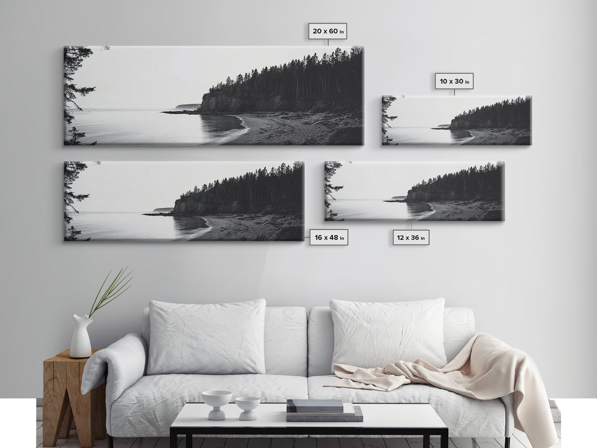 Forest Cliffs, Quiet Bay, Monochrome Coast, Canvas Print, Nature Photography, Modern Rustic Wall Art, Entryway or Office Decor