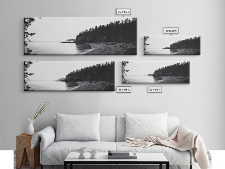 Forest Cliffs, Quiet Bay, Monochrome Coast, Canvas Print, Nature Photography, Modern Rustic Wall Art, Entryway or Office Decor