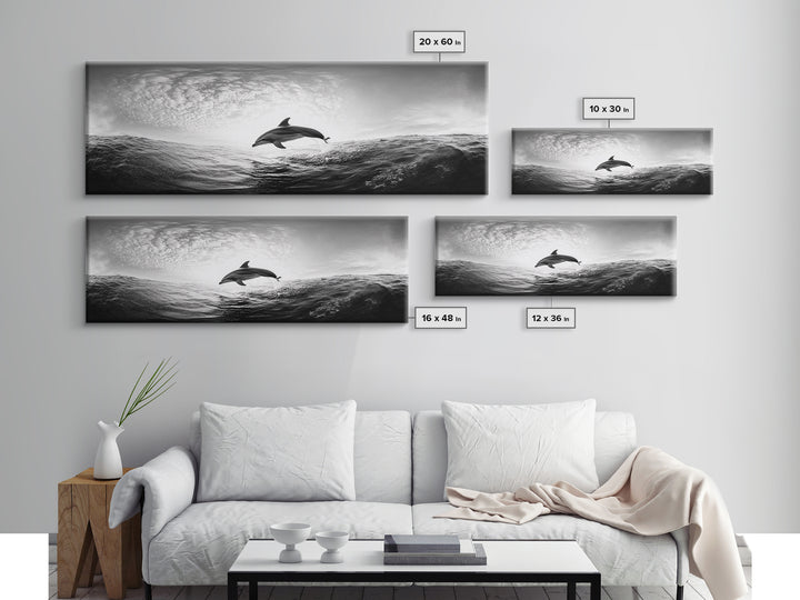 Ocean Dolphin Jump, Seascape Art, Black White Photography, Coastal Wall Decor, Canvas Print, Minimalist Bathroom Wall Art, Nautical Style