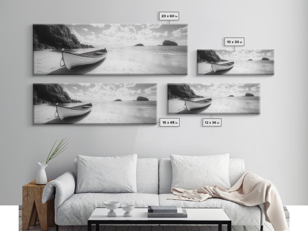 Rowboat, Sandy Cove, Island View, Canvas Print, Coastal Photography, Minimalist Beach Decor, Serene Bathroom or Bedroom Wall Art
