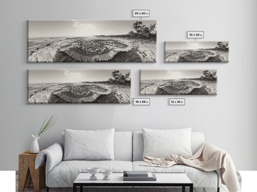 Boho Blanket, Sunrise Beach, Woven Textile, Framed Canvas Print, Bohemian Wall Art, Minimalist Bedroom Decor, Coastal Living Style