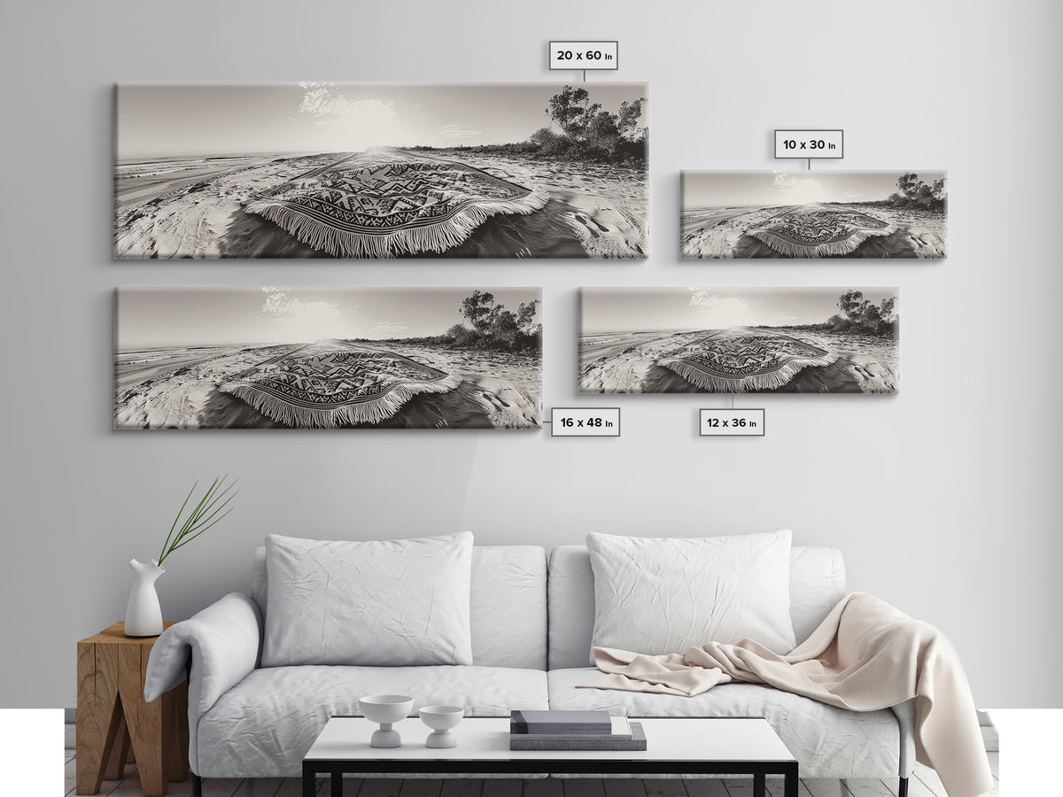 Boho Blanket, Sunrise Beach, Woven Textile, Framed Canvas Print, Bohemian Wall Art, Minimalist Bedroom Decor, Coastal Living Style