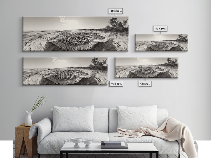 Boho Blanket, Sunrise Beach, Woven Textile, Framed Canvas Print, Bohemian Wall Art, Minimalist Bedroom Decor, Coastal Living Style