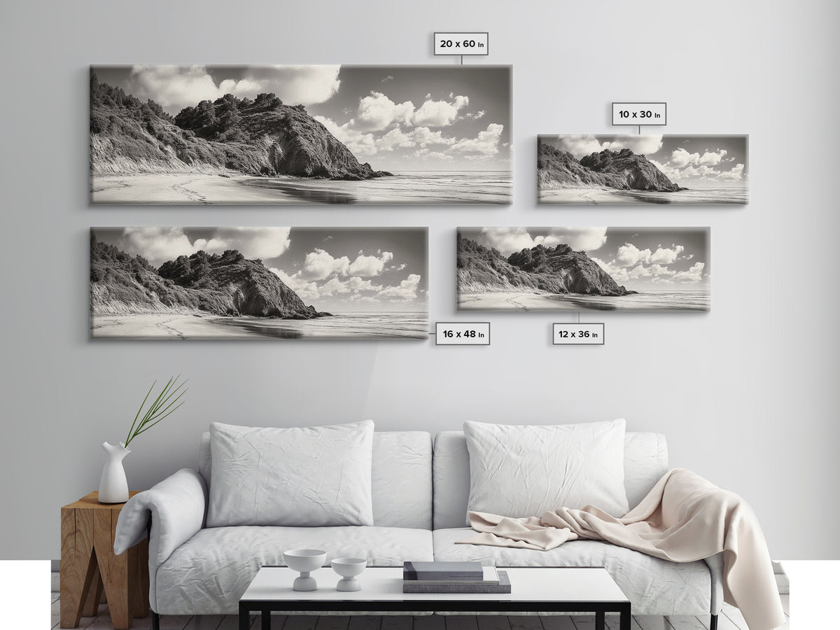 Seaside Cliff, Pine Hills, Sandy Beach, Canvas Print, Coastal Landscape Art, Modern Nature Decor, Beach House Living Room Style