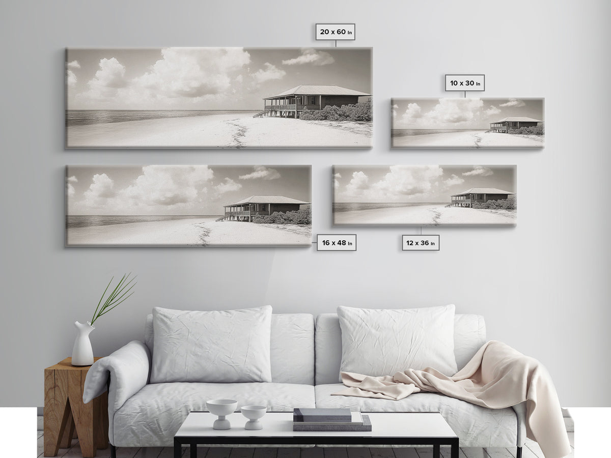 Beach House, Secluded Shore, Calm Waters, Framed Canvas Print, Coastal Wall Art, Minimalist Living Room Decor, Vacation Vibes